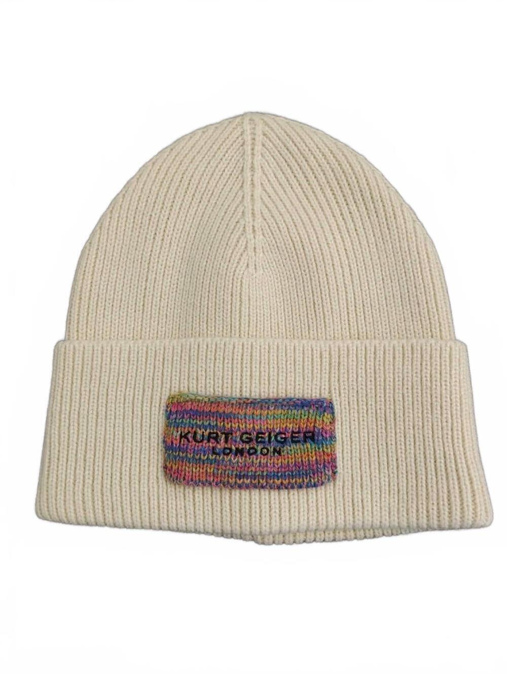NWOT Kurt Geiger Cream Beanie Hat with Rainbow Logo Patch